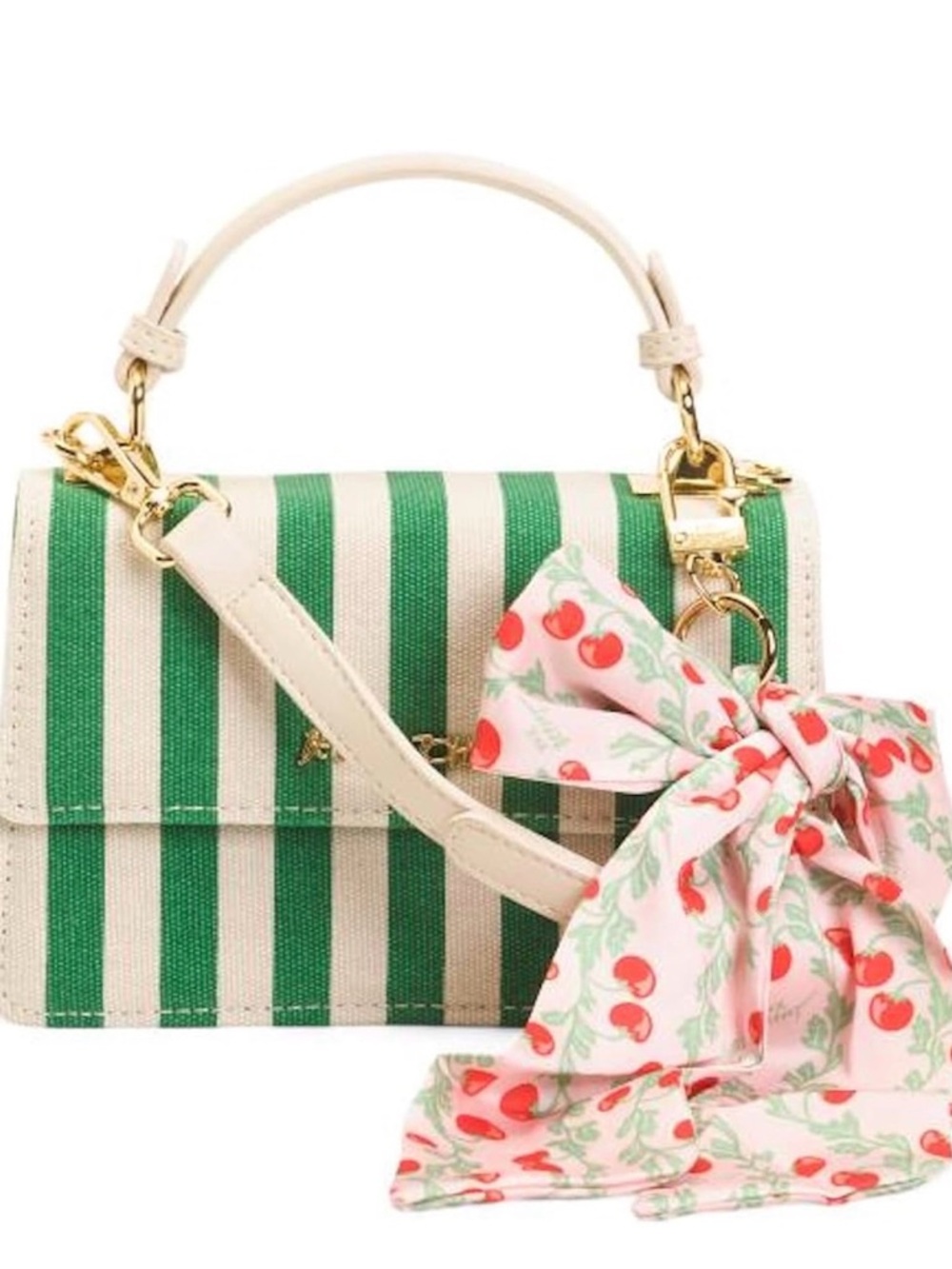 Betsey Johnson Green & Cream Striped Top-Handle Satchel with Cherry Scarf